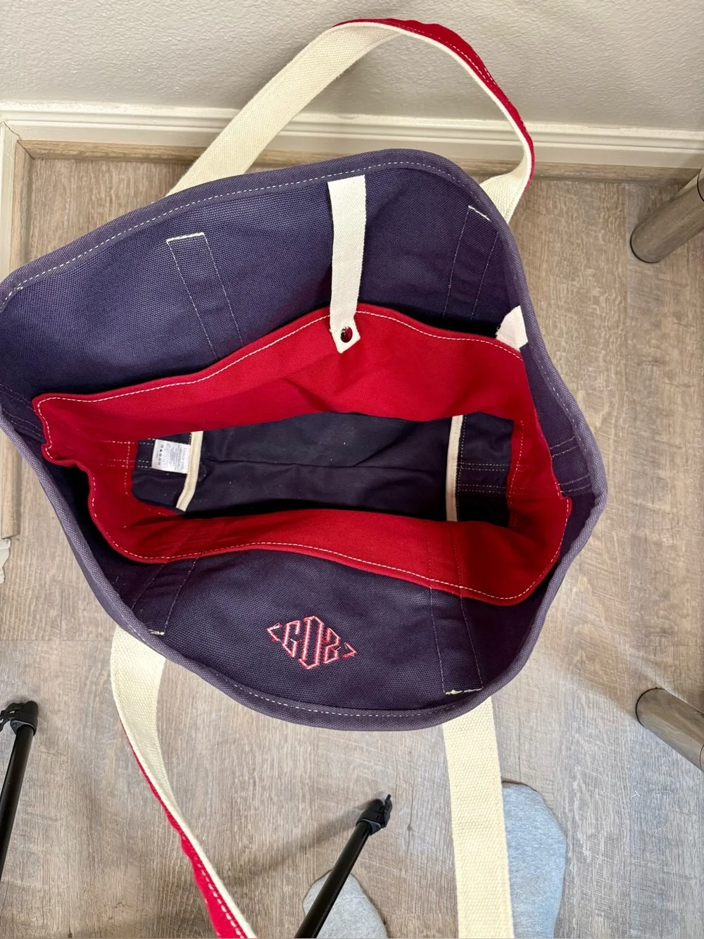 Lands' End Large Striped Canvas Boat Tote Bag Navy Red Monogram CDS 18